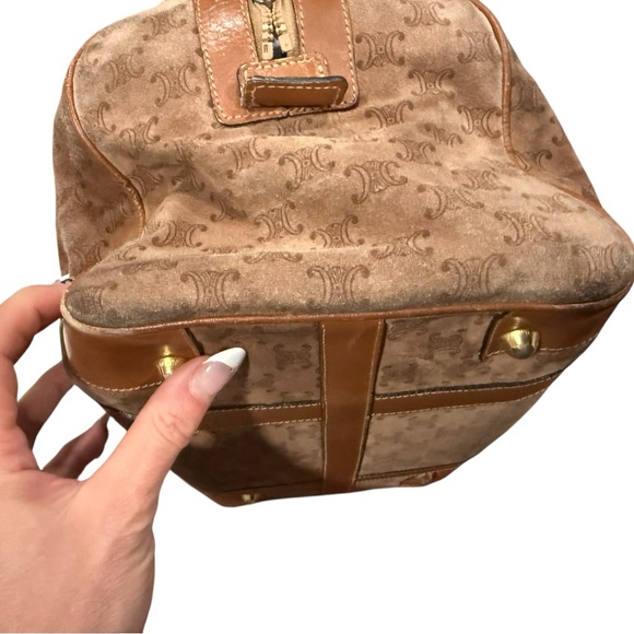 Vintage Celine Macadam Suede Boston Bag Brown Monogram Leather Trim Top Handle - Picture 10 of 13